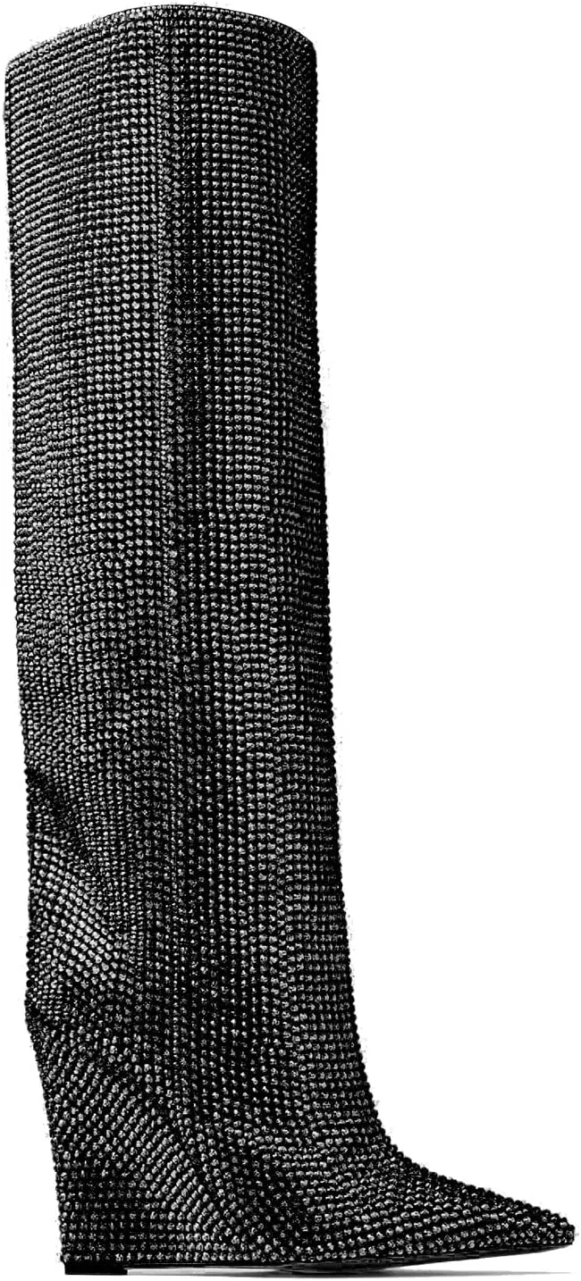 THESHY Women's Pointed Toe Wedge Heel Rhinestones Knee High Boots Crystals Thigh High Stylish Fashion Boot for Women