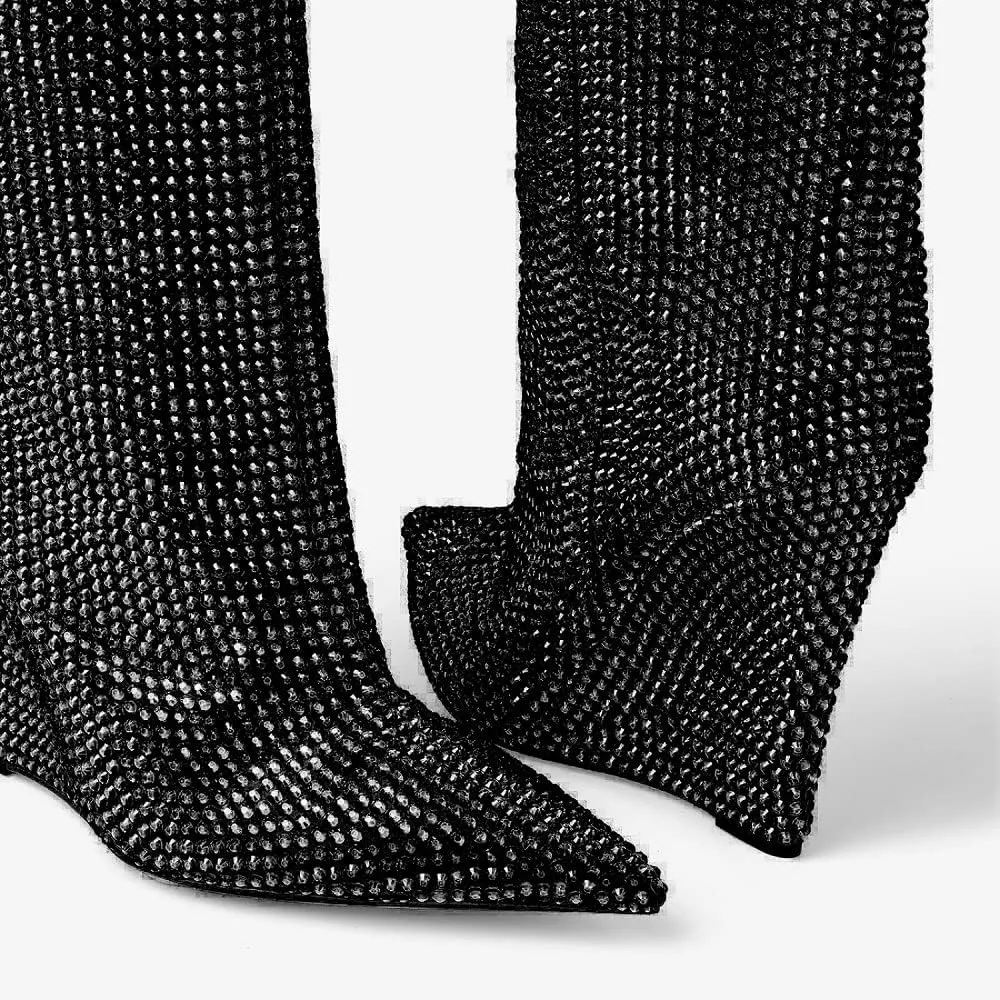 THESHY Women's Pointed Toe Wedge Heel Rhinestones Knee High Boots Crystals Thigh High Stylish Fashion Boot for Women