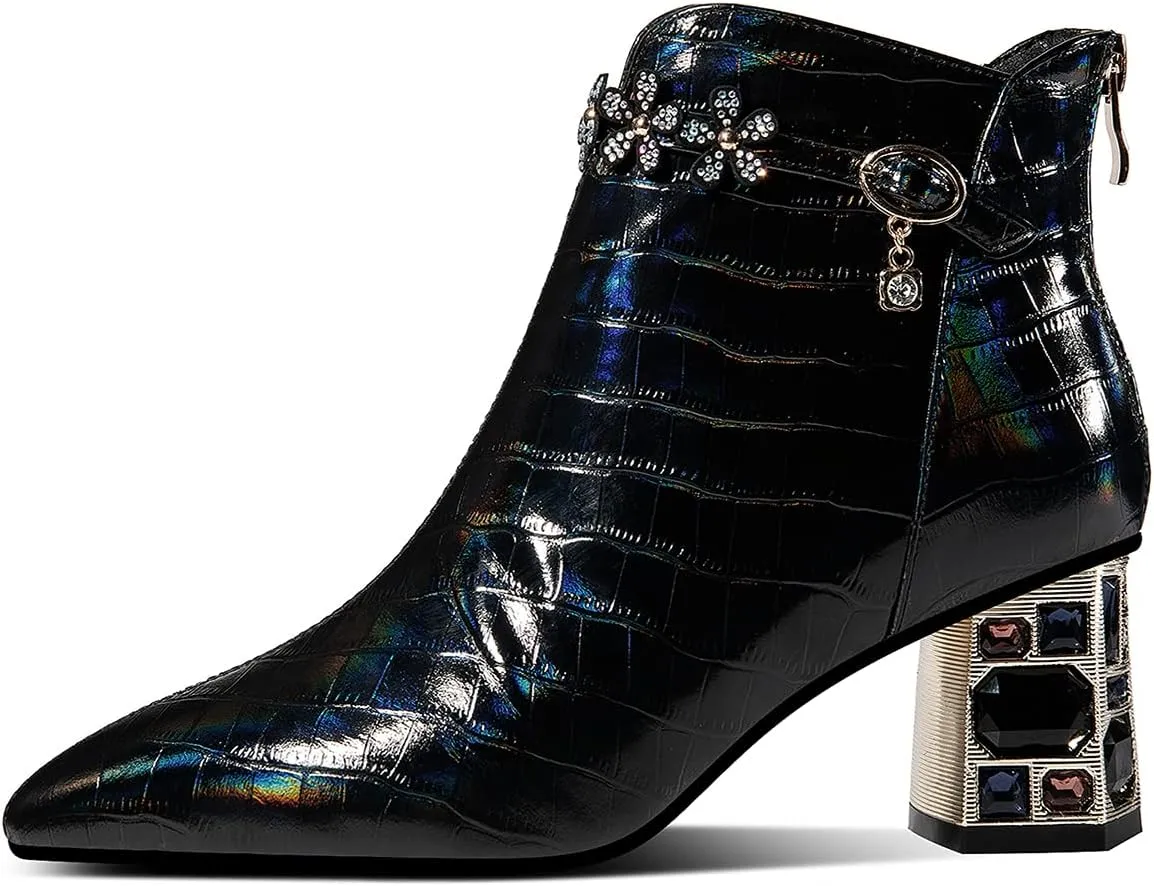 TinaCus Genuine Leather Women's Handmade Crystal Chunky Heel Pointed Toe Back zip Up Floral Belt Ankle Booties