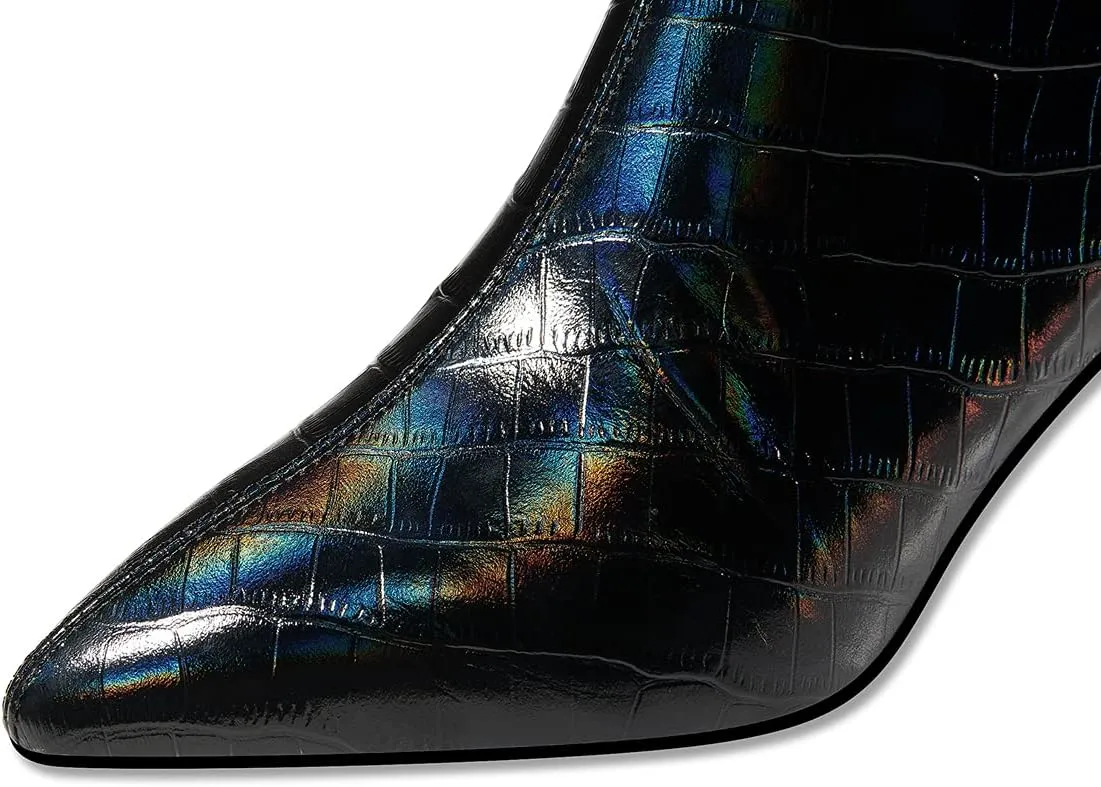 TinaCus Genuine Leather Women's Handmade Crystal Chunky Heel Pointed Toe Back zip Up Floral Belt Ankle Booties