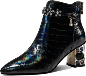 TinaCus Genuine Leather Women's Handmade Crystal Chunky Heel Pointed Toe Back zip Up Floral Belt Ankle Booties