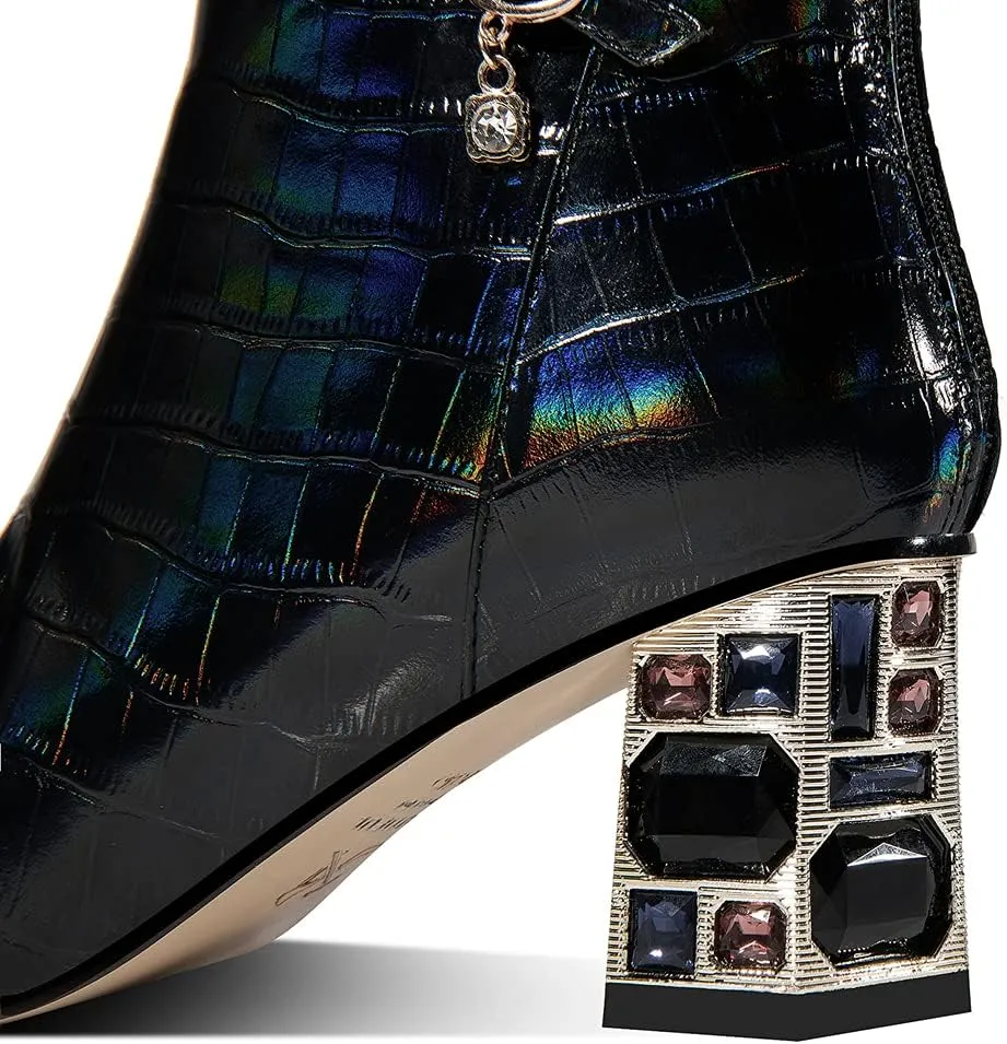 TinaCus Genuine Leather Women's Handmade Crystal Chunky Heel Pointed Toe Back zip Up Floral Belt Ankle Booties