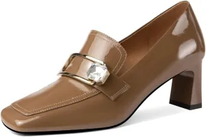 TinaCus Glossy Patent Leather Handmade Metal Buckle Mid Block Heels Women's Square Toe Pumps Shoes