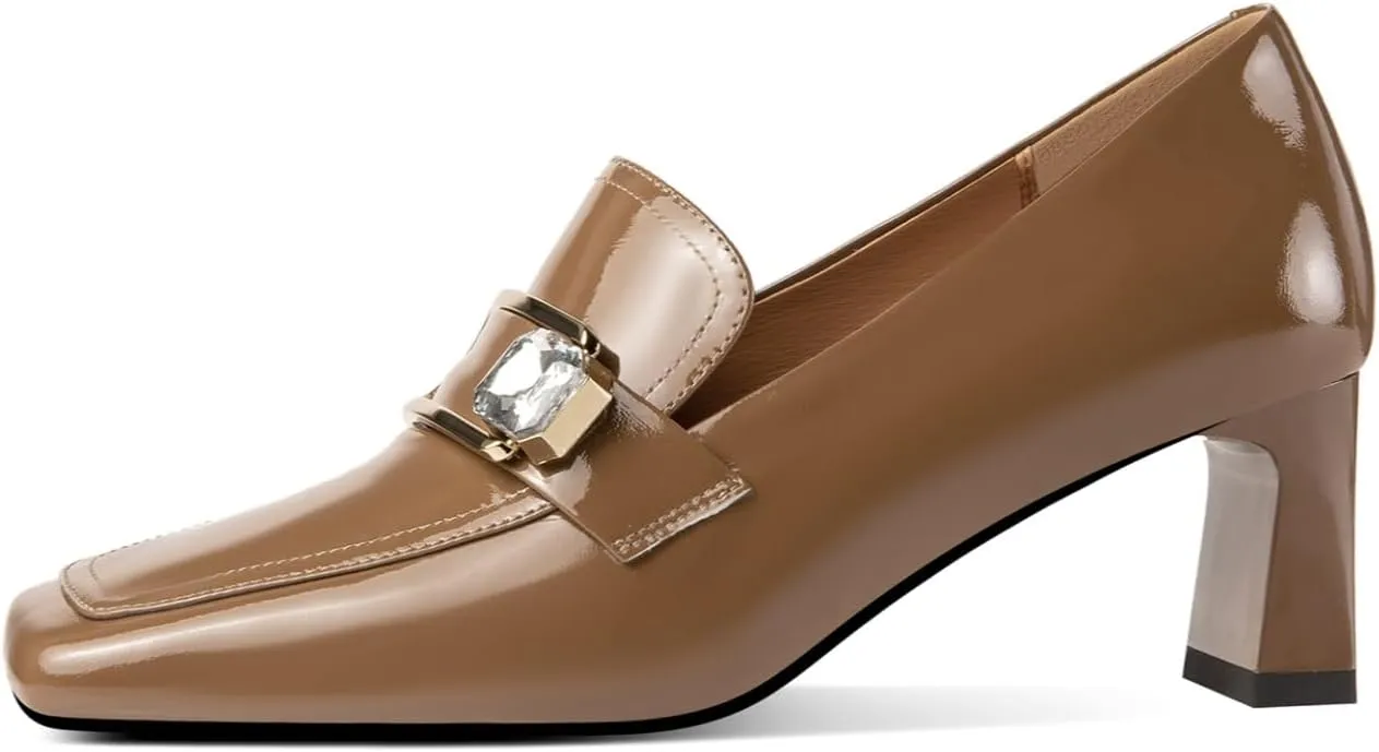 TinaCus Glossy Patent Leather Handmade Metal Buckle Mid Block Heels Women's Square Toe Pumps Shoes