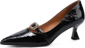 TinaCus Pointed Toe Handmade Crystal Buckle Glossy Patent Leather Women's Mid Heels Elegant Pumps Shoes