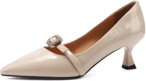 TinaCus Pointed Toe Handmade Crystal Buckle Glossy Patent Leather Women's Mid Heels Elegant Pumps Shoes
