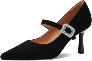 TinaCus Suede Leather Stieltto Mid Heels Handmade Crystal Buckle Belt Women's Pointed Toe Pumps Shoes