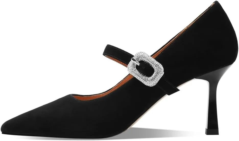 TinaCus Suede Leather Stieltto Mid Heels Handmade Crystal Buckle Belt Women's Pointed Toe Pumps Shoes