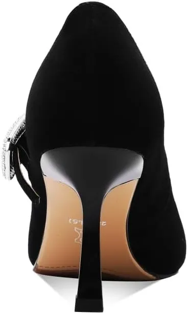 TinaCus Suede Leather Stieltto Mid Heels Handmade Crystal Buckle Belt Women's Pointed Toe Pumps Shoes
