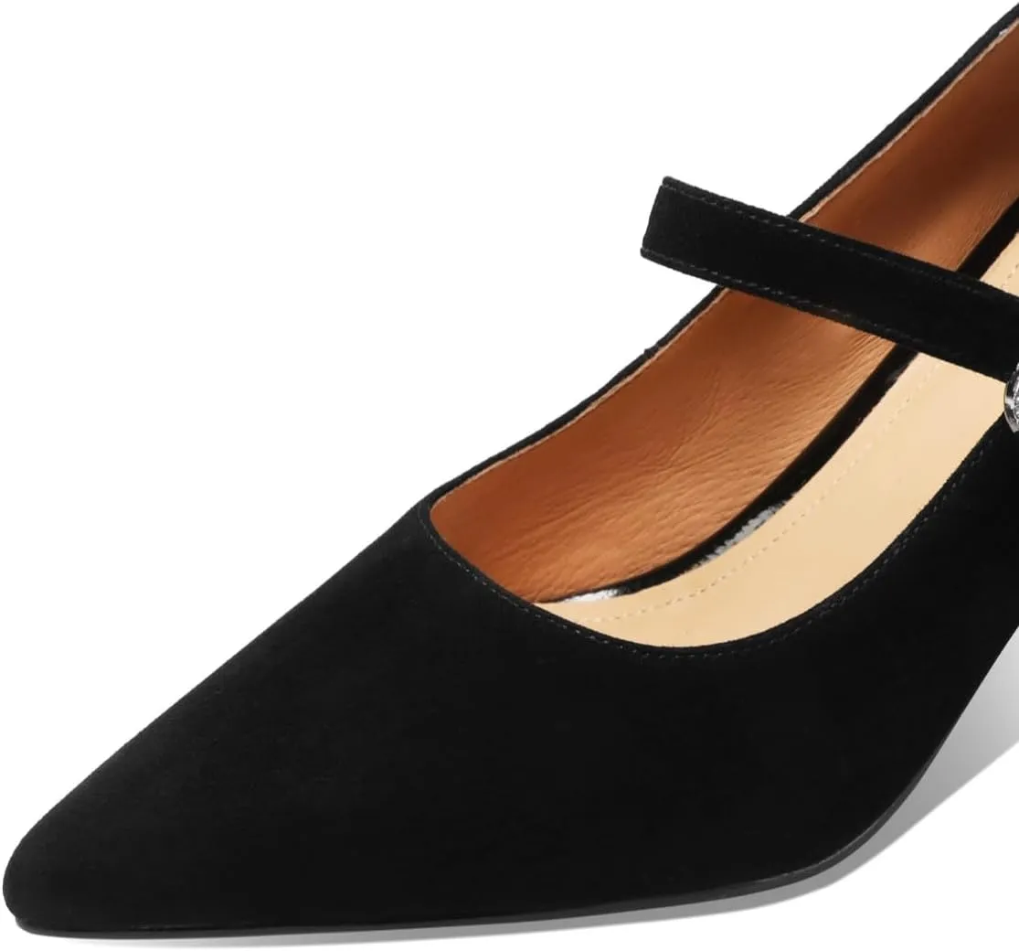 TinaCus Suede Leather Stieltto Mid Heels Handmade Crystal Buckle Belt Women's Pointed Toe Pumps Shoes