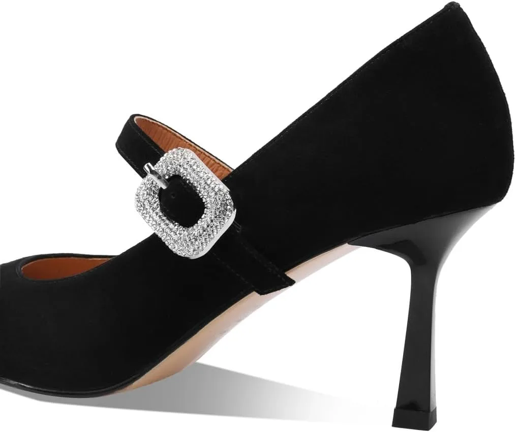 TinaCus Suede Leather Stieltto Mid Heels Handmade Crystal Buckle Belt Women's Pointed Toe Pumps Shoes