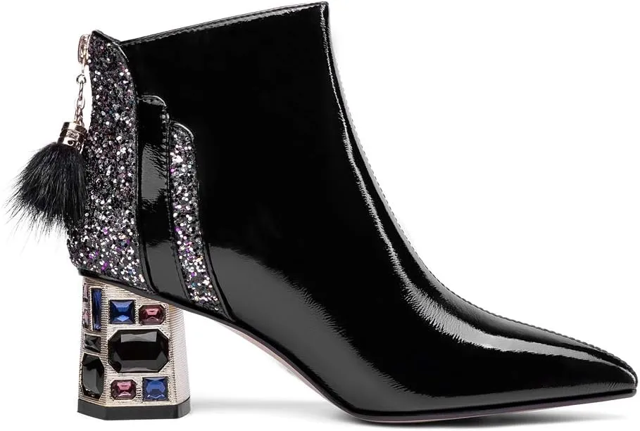TinaCus Women's Patent Leather Handmade Crystal Mid Chunky Heel Back Zipper Pointed Toe Plus-Size Ankle Boots
