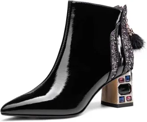 TinaCus Women's Patent Leather Handmade Crystal Mid Chunky Heel Back Zipper Pointed Toe Plus-Size Ankle Boots