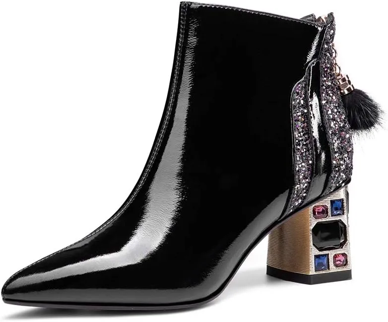 TinaCus Women's Patent Leather Handmade Crystal Mid Chunky Heel Back Zipper Pointed Toe Plus-Size Ankle Boots