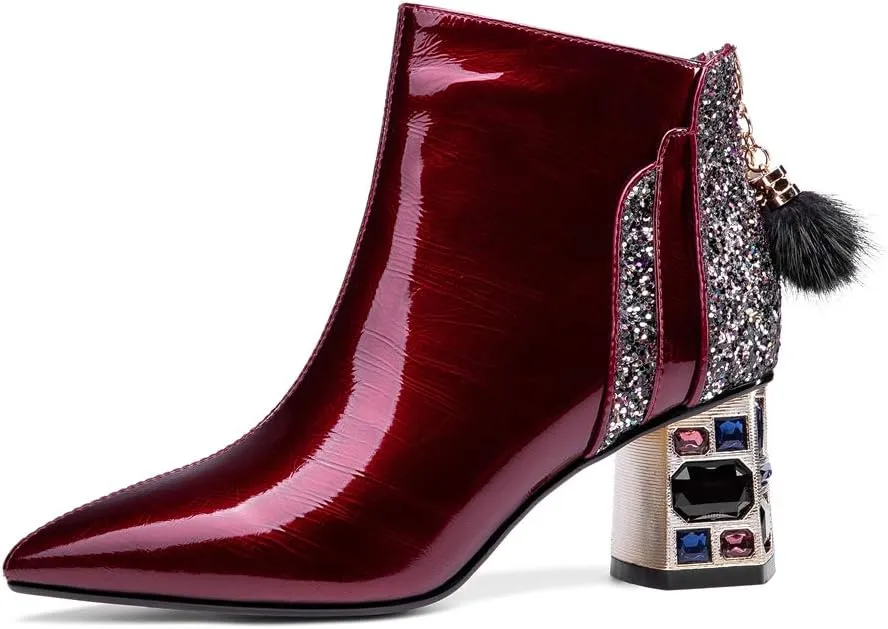TinaCus Women's Patent Leather Handmade Crystal Mid Chunky Heel Back Zipper Pointed Toe Plus-Size Ankle Boots