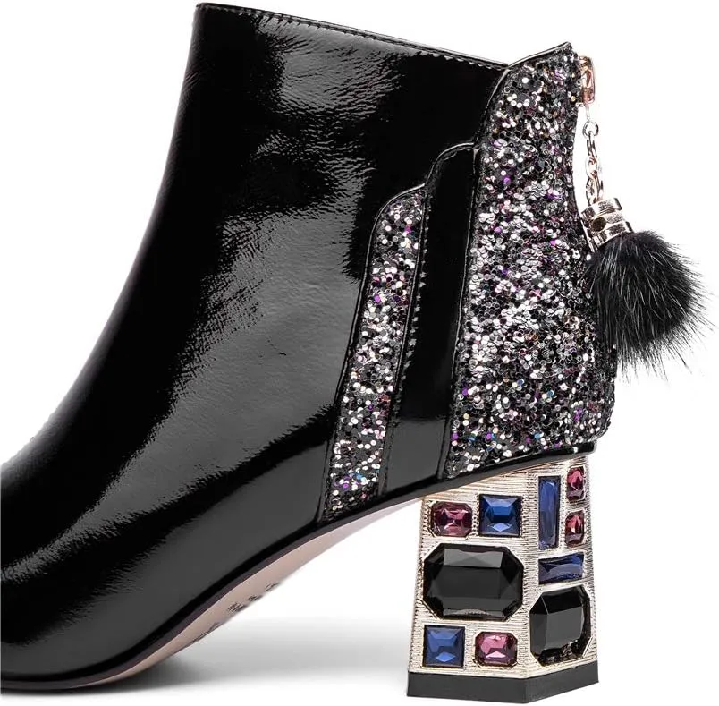 TinaCus Women's Patent Leather Handmade Crystal Mid Chunky Heel Back Zipper Pointed Toe Plus-Size Ankle Boots