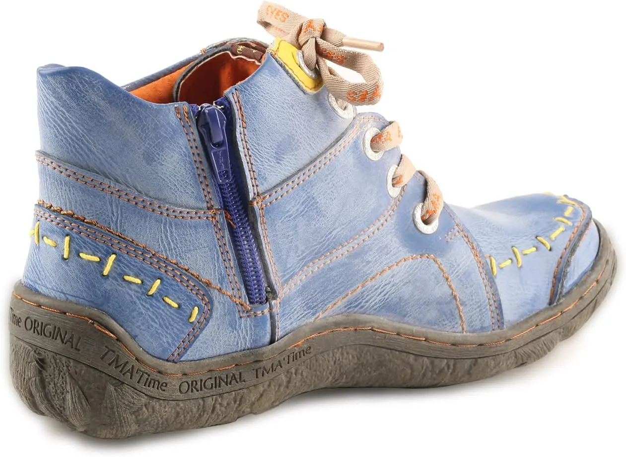TMA EYES Women Stitching Shoes Leather Lace-up Low Heel Handwork Casual Boots