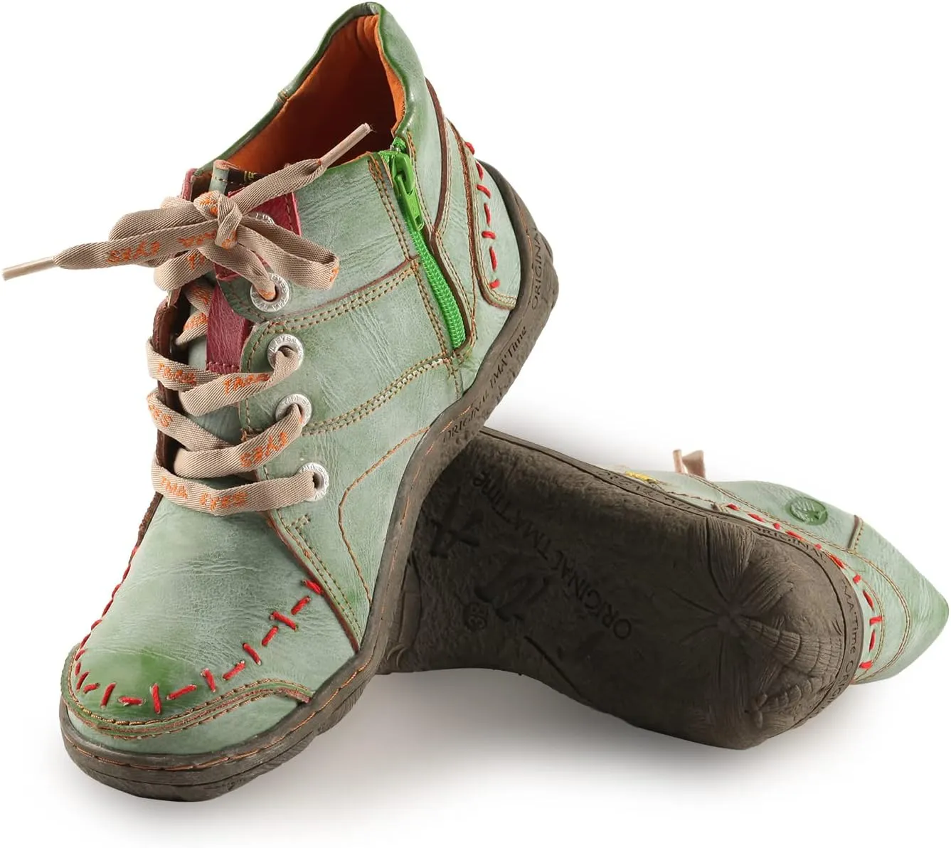 TMA EYES Women Stitching Shoes Leather Lace-up Low Heel Handwork Casual Boots