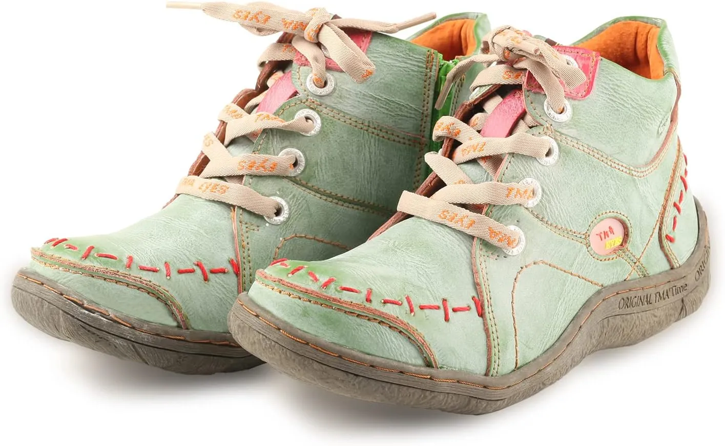 TMA EYES Women Stitching Shoes Leather Lace-up Low Heel Handwork Casual Boots