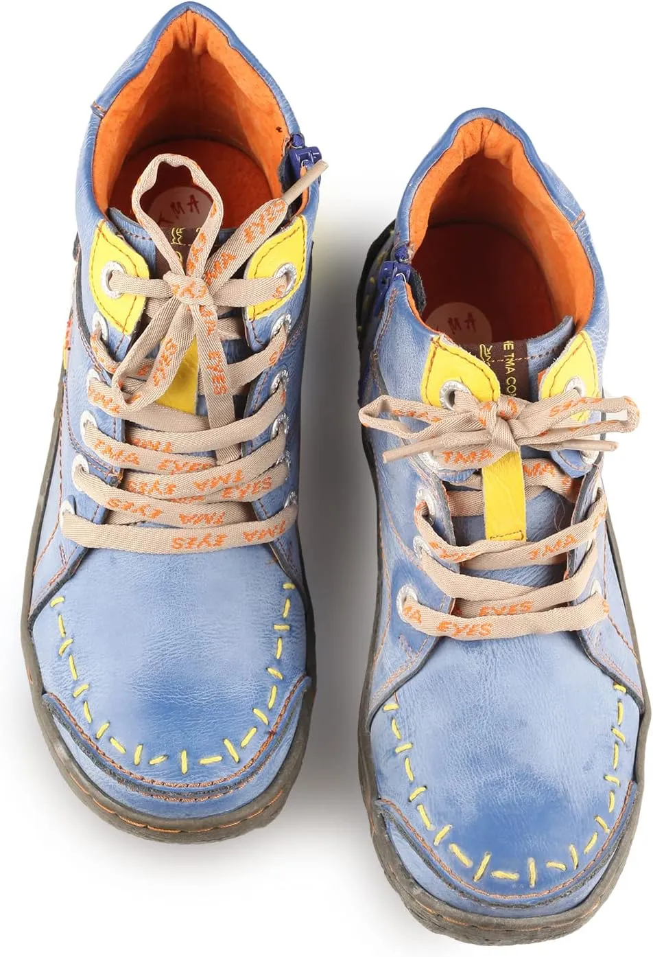 TMA EYES Women Stitching Shoes Leather Lace-up Low Heel Handwork Casual Boots