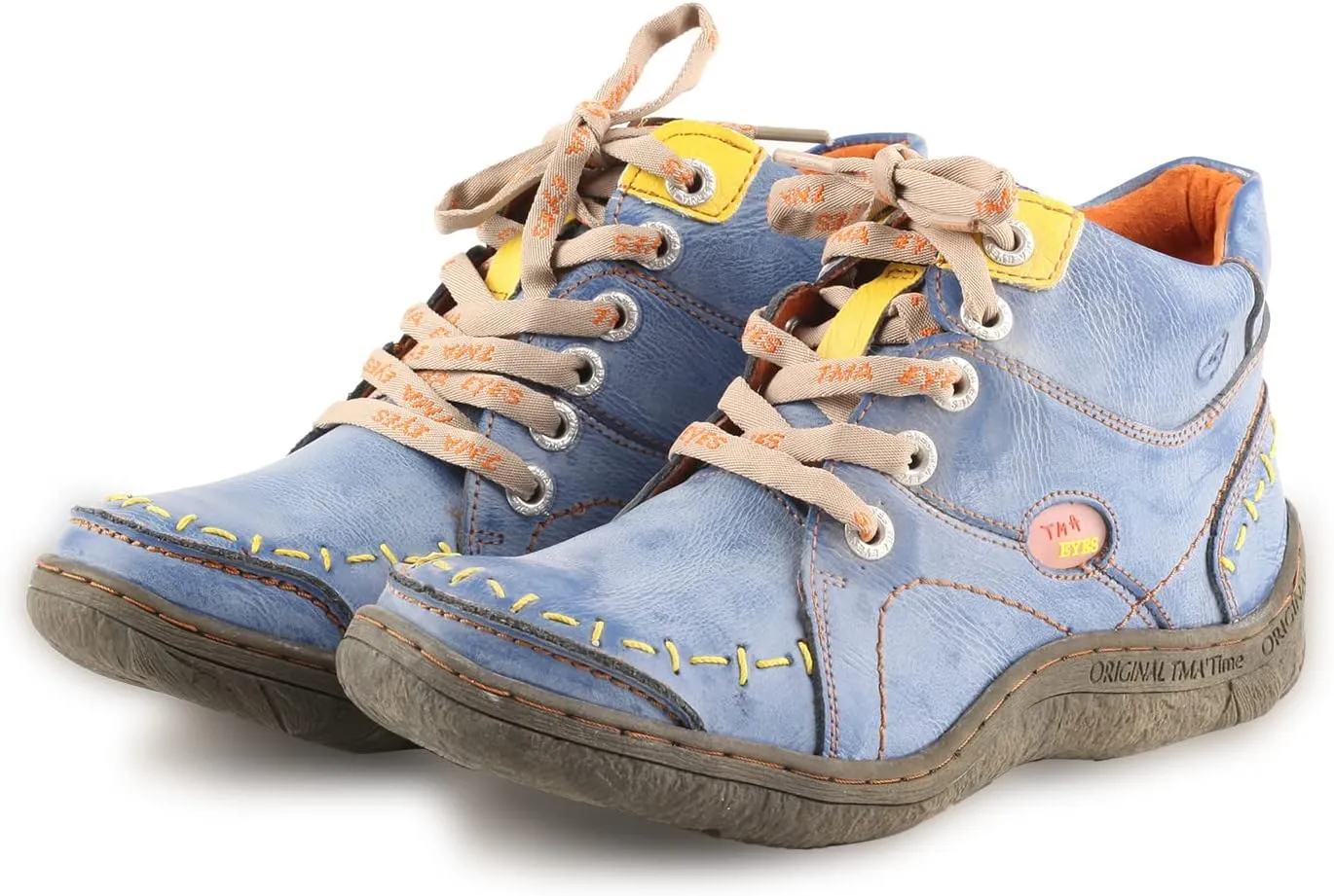 TMA EYES Women Stitching Shoes Leather Lace-up Low Heel Handwork Casual Boots