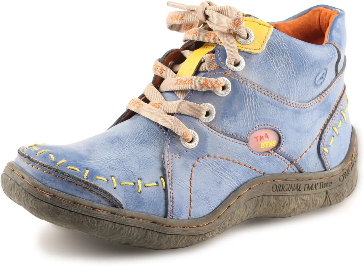 TMA EYES Women Stitching Shoes Leather Lace-up Low Heel Handwork Casual Boots