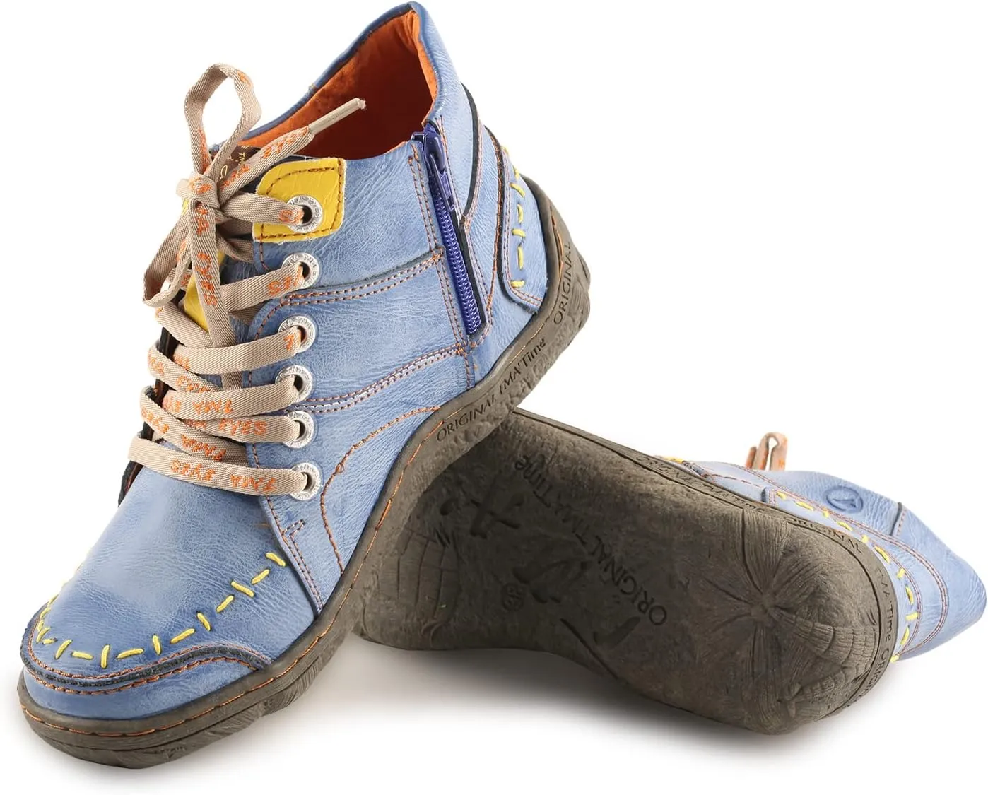 TMA EYES Women Stitching Shoes Leather Lace-up Low Heel Handwork Casual Boots