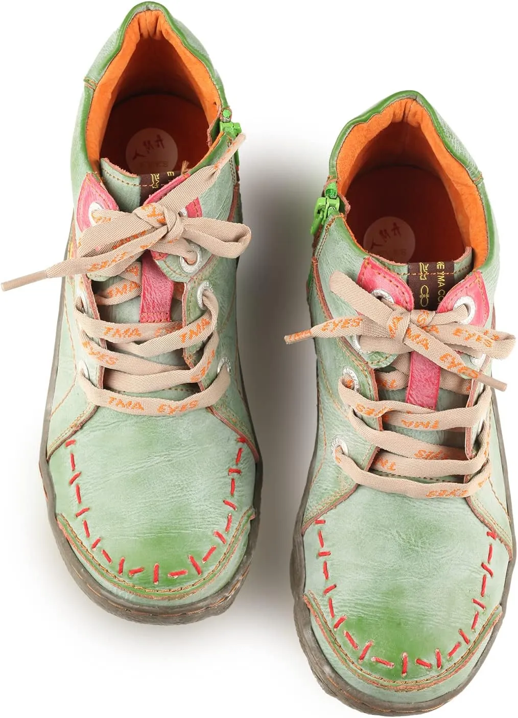 TMA EYES Women Stitching Shoes Leather Lace-up Low Heel Handwork Casual Boots