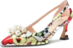 TNYNFBEB Women Chunky Block Mid Heel Close Pointed Toe Pumps Slip-on Rhinestone Crystal Party Cute 2.6 Inches Heels