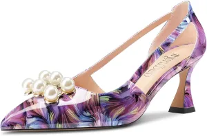 TNYNFBEB Women Chunky Block Mid Heel Close Pointed Toe Pumps Slip-on Rhinestone Crystal Party Cute 2.6 Inches Heels