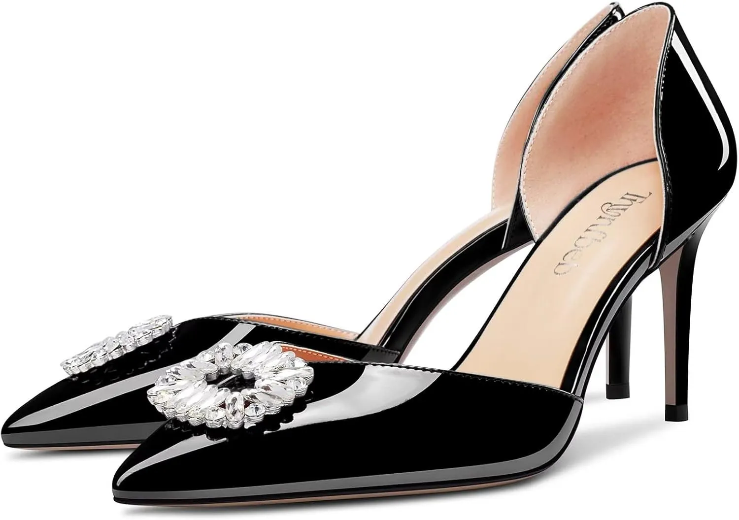 TNYNFBEB Women Mid Heel Close Pointed Toe Pumps Slip-on Rhinestone Crystal Wedding Party Cute Basic Classic 3.2 Inches Heels