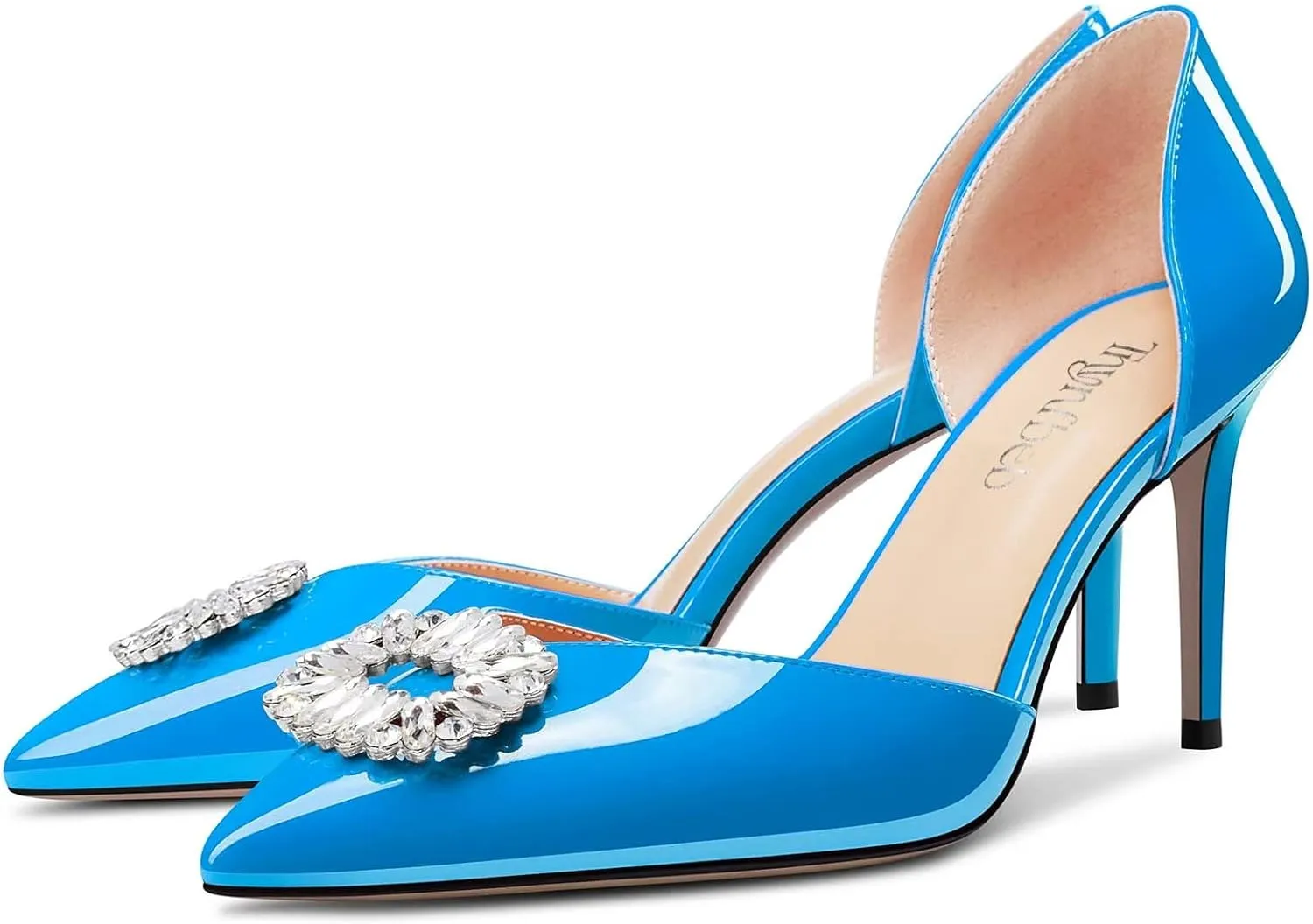 TNYNFBEB Women Mid Heel Close Pointed Toe Pumps Slip-on Rhinestone Crystal Wedding Party Cute Basic Classic 3.2 Inches Heels