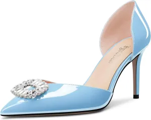 TNYNFBEB Women Mid Heel Close Pointed Toe Pumps Slip-on Rhinestone Crystal Wedding Party Cute Basic Classic 3.2 Inches Heels