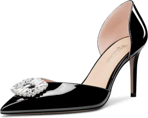 TNYNFBEB Women Mid Heel Close Pointed Toe Pumps Slip-on Rhinestone Crystal Wedding Party Cute Basic Classic 3.2 Inches Heels