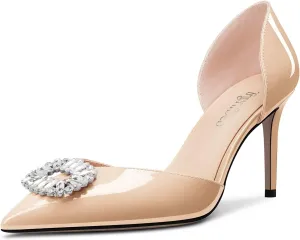 TNYNFBEB Women Mid Heel Close Pointed Toe Pumps Slip-on Rhinestone Crystal Wedding Party Cute Basic Classic 3.2 Inches Heels
