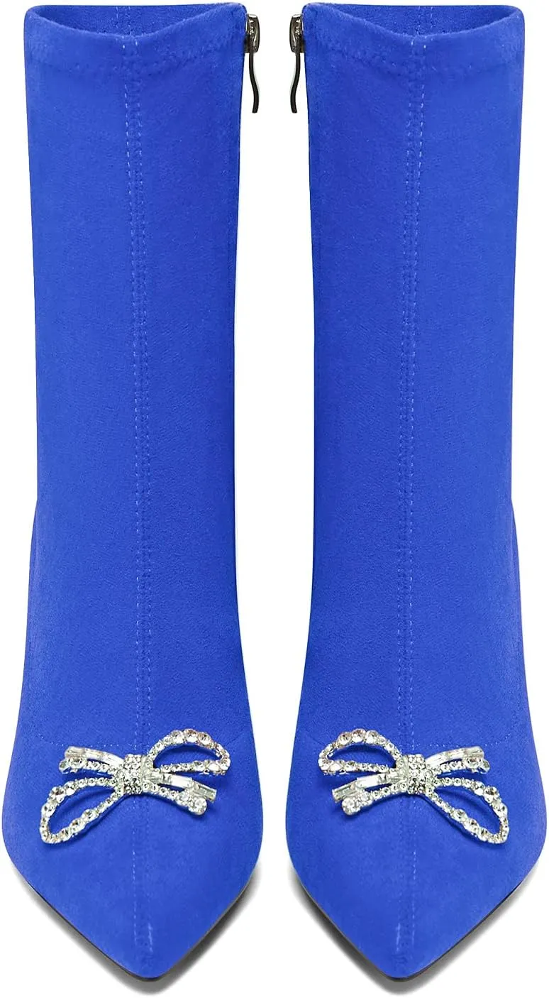 TNYNFBEB Womens Mid Heel Pointed Toe Mid Calf Boots Zipper Rhinestone Crystal Bow-knot Prom Dress 3.2 Inches Heels