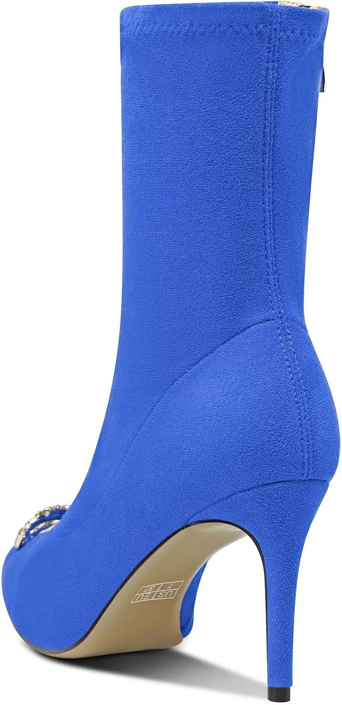 TNYNFBEB Womens Mid Heel Pointed Toe Mid Calf Boots Zipper Rhinestone Crystal Bow-knot Prom Dress 3.2 Inches Heels