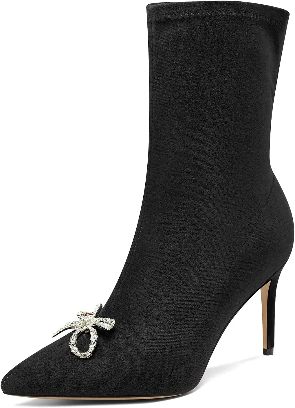 TNYNFBEB Womens Mid Heel Pointed Toe Mid Calf Boots Zipper Rhinestone Crystal Bow-knot Prom Dress 3.2 Inches Heels