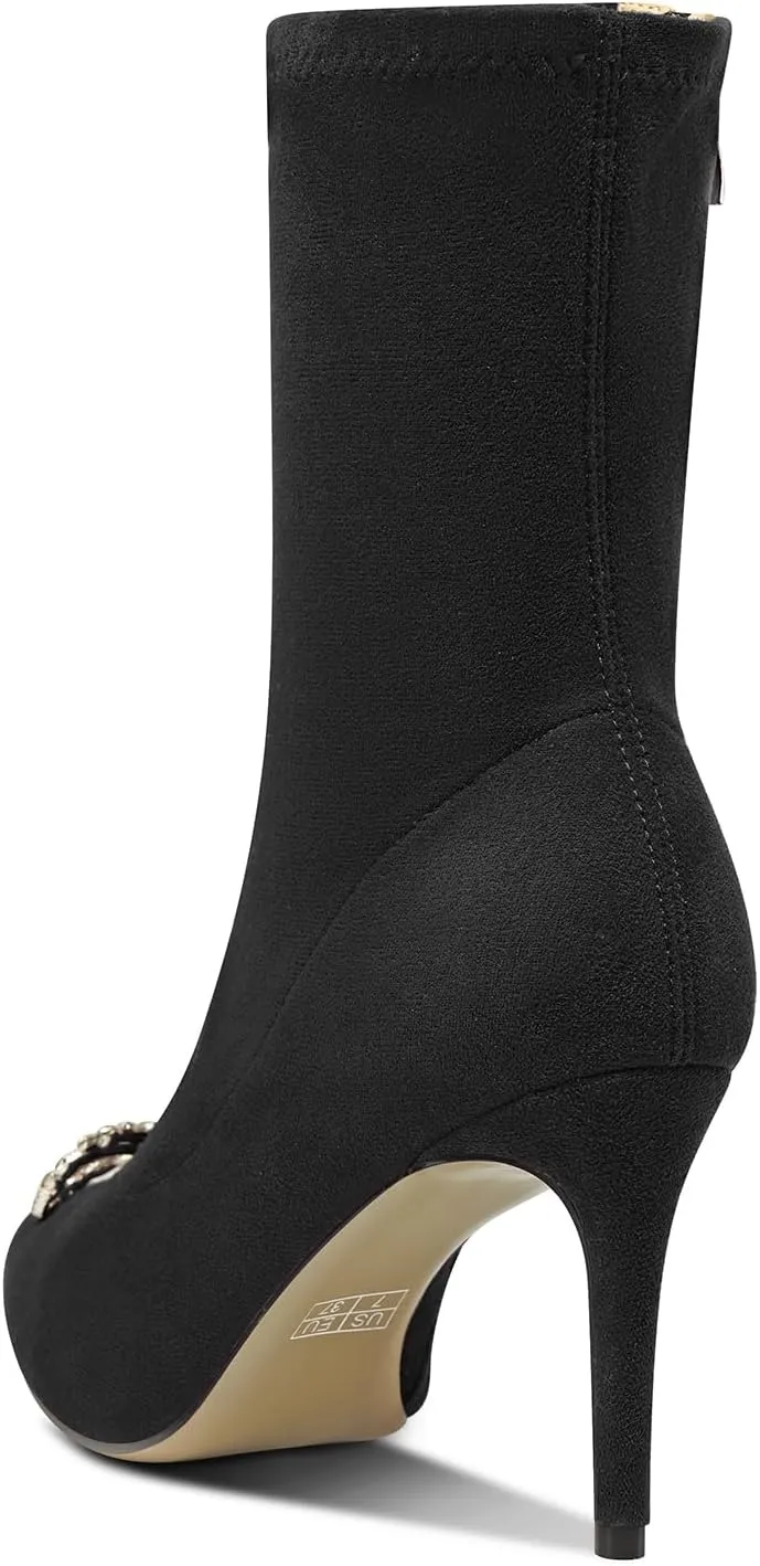 TNYNFBEB Womens Mid Heel Pointed Toe Mid Calf Boots Zipper Rhinestone Crystal Bow-knot Prom Dress 3.2 Inches Heels