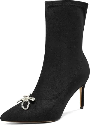 TNYNFBEB Womens Mid Heel Pointed Toe Mid Calf Boots Zipper Rhinestone Crystal Bow-knot Prom Dress 3.2 Inches Heels