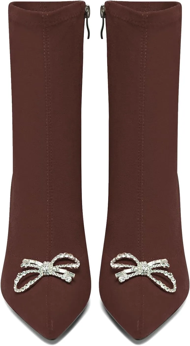 TNYNFBEB Womens Mid Heel Pointed Toe Mid Calf Boots Zipper Rhinestone Crystal Bow-knot Prom Dress 3.2 Inches Heels