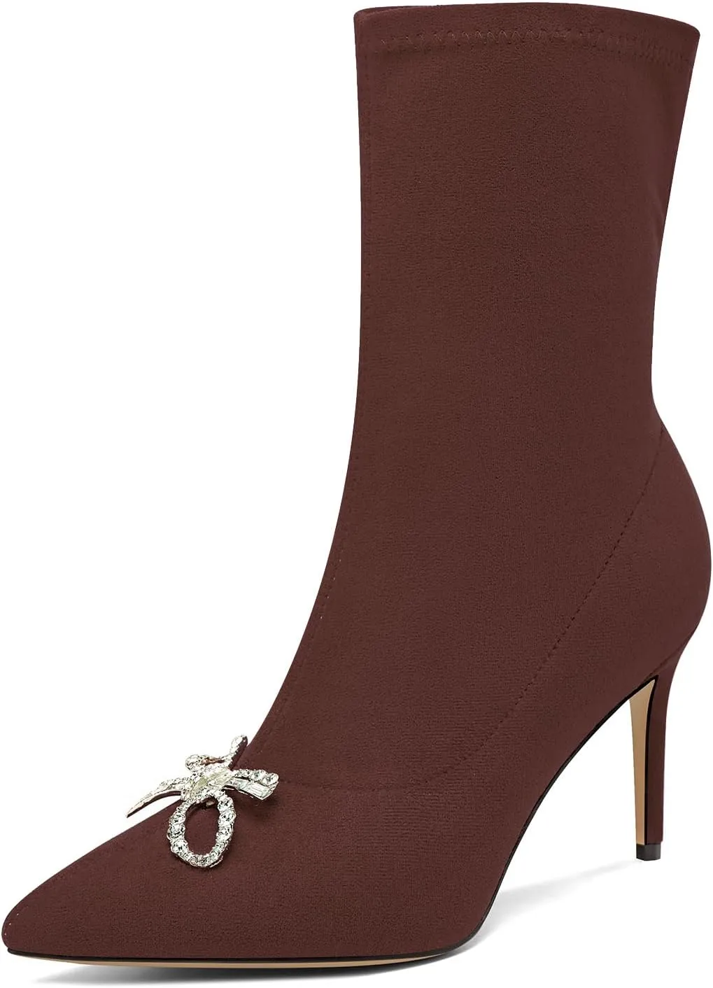 TNYNFBEB Womens Mid Heel Pointed Toe Mid Calf Boots Zipper Rhinestone Crystal Bow-knot Prom Dress 3.2 Inches Heels