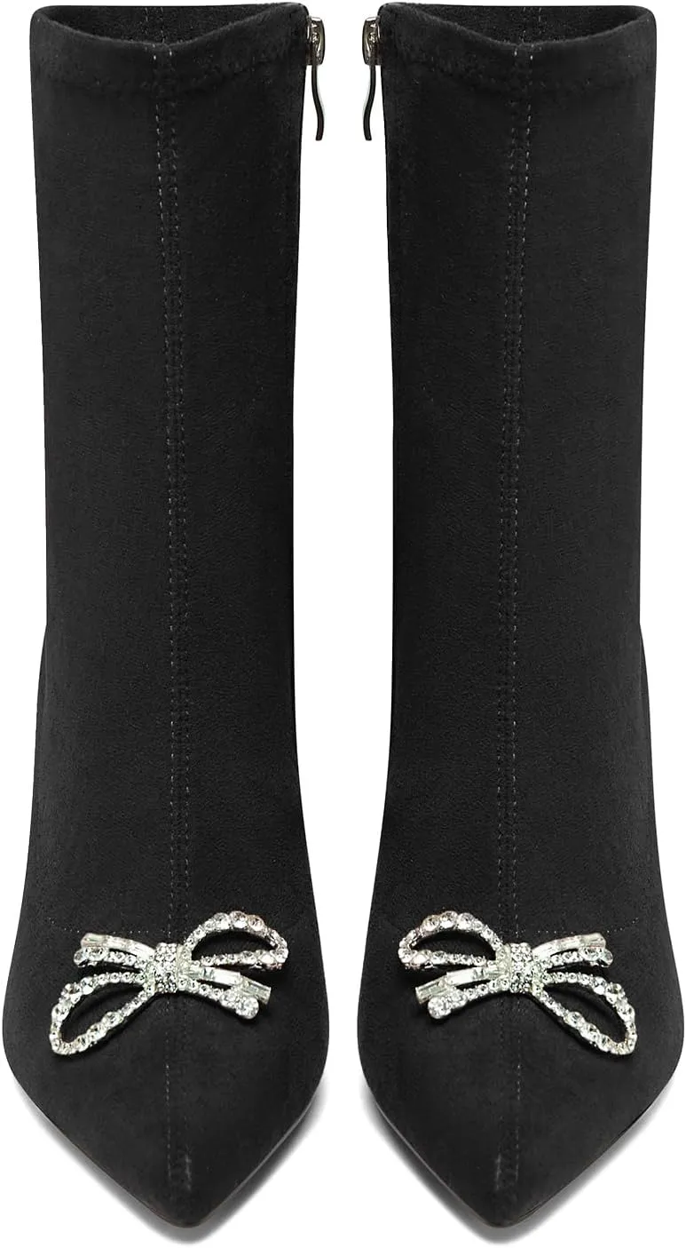 TNYNFBEB Womens Mid Heel Pointed Toe Mid Calf Boots Zipper Rhinestone Crystal Bow-knot Prom Dress 3.2 Inches Heels