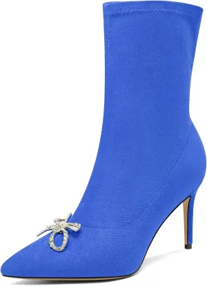 TNYNFBEB Womens Mid Heel Pointed Toe Mid Calf Boots Zipper Rhinestone Crystal Bow-knot Prom Dress 3.2 Inches Heels