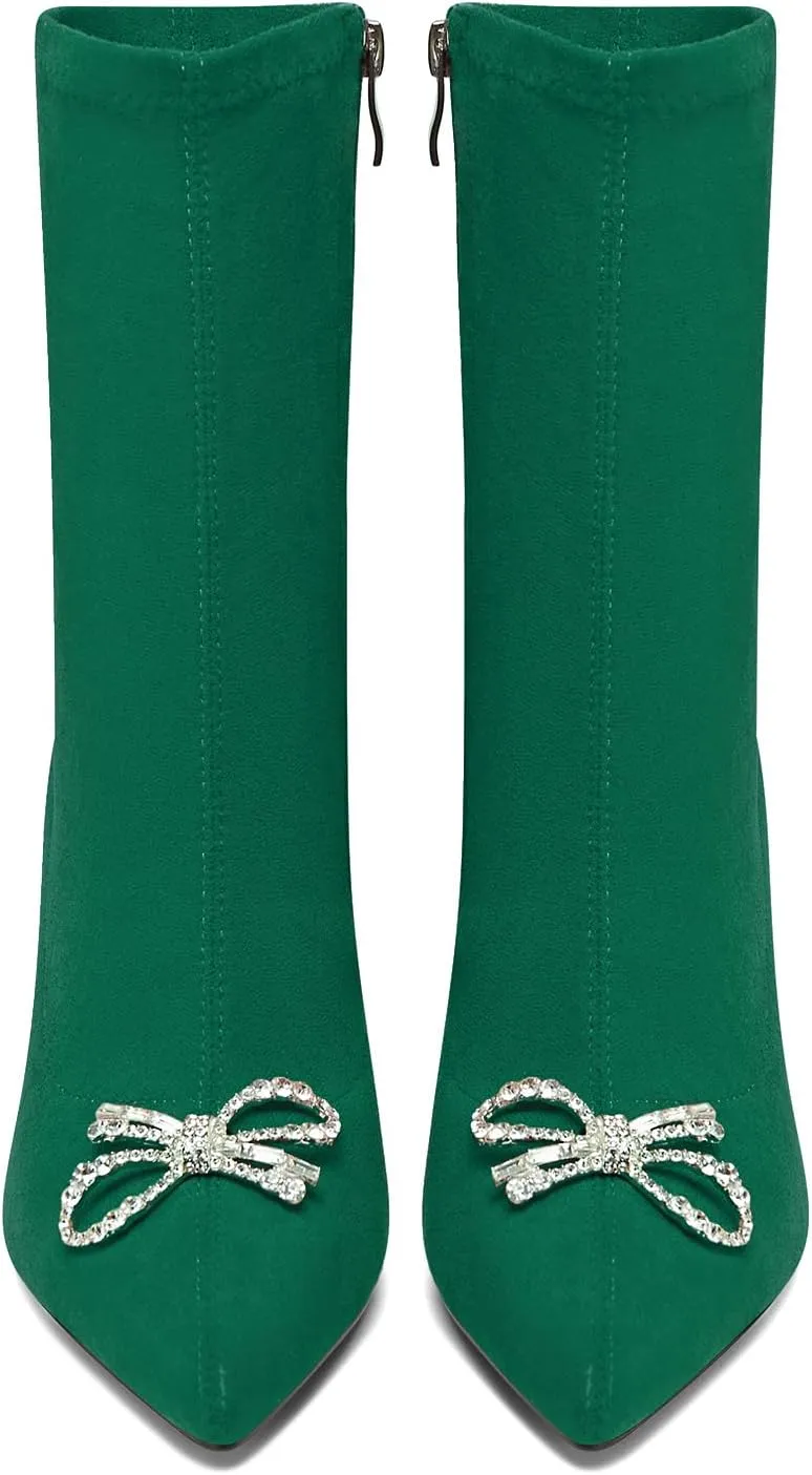 TNYNFBEB Womens Mid Heel Pointed Toe Mid Calf Boots Zipper Rhinestone Crystal Bow-knot Prom Dress 3.2 Inches Heels