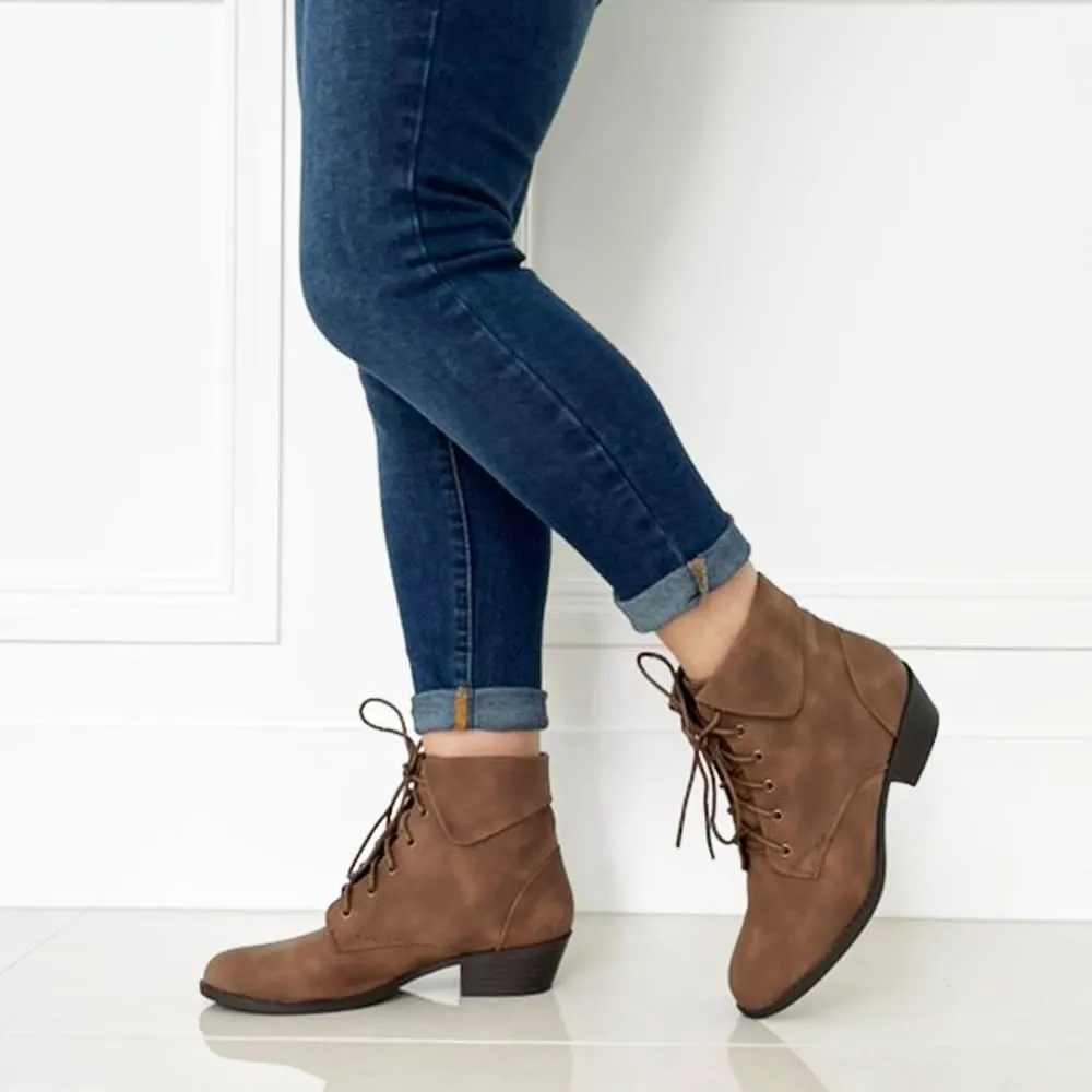 TOP Moda EC89 Women's Foldover Lace Up Low Chunky Heel Ankle Booties