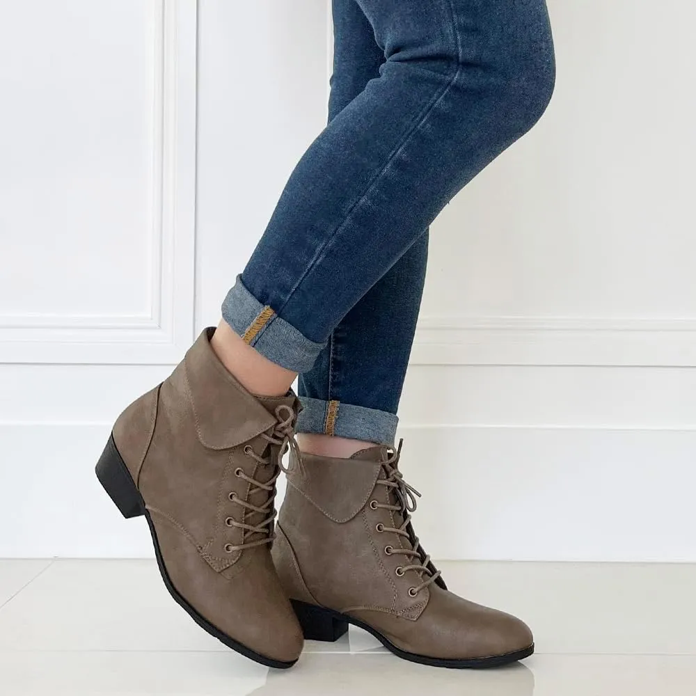 TOP Moda EC89 Women's Foldover Lace Up Low Chunky Heel Ankle Booties