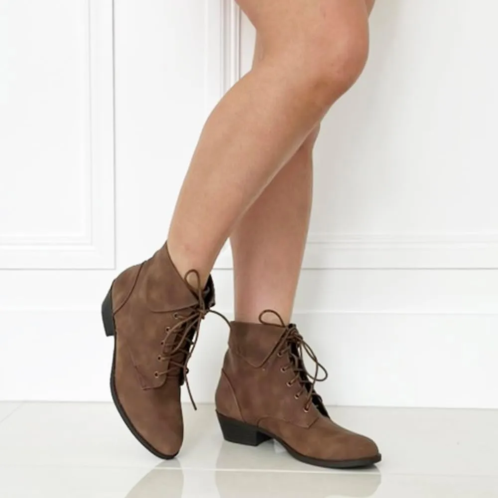 TOP Moda EC89 Women's Foldover Lace Up Low Chunky Heel Ankle Booties