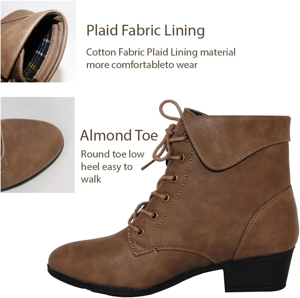 TOP Moda EC89 Women's Foldover Lace Up Low Chunky Heel Ankle Booties