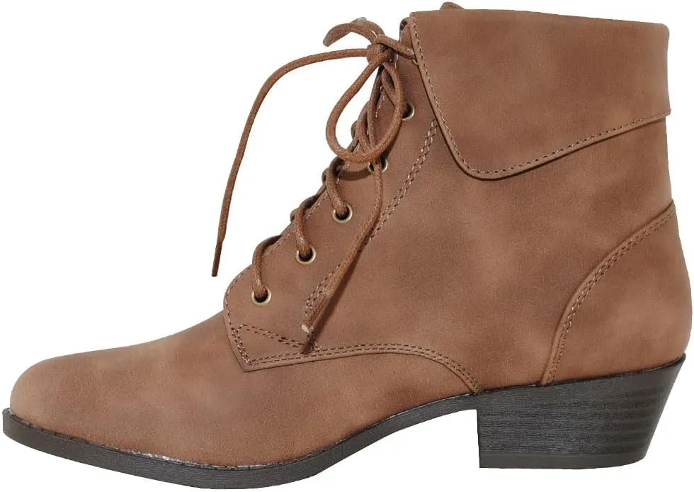 TOP Moda EC89 Women's Foldover Lace Up Low Chunky Heel Ankle Booties